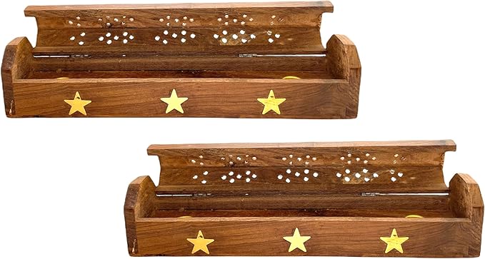 2 Pack Wooden Coffin Incense Sticks Burner - 12 Inches Brass Inlays - Storage Compartment (Large Star) - Bloomnest