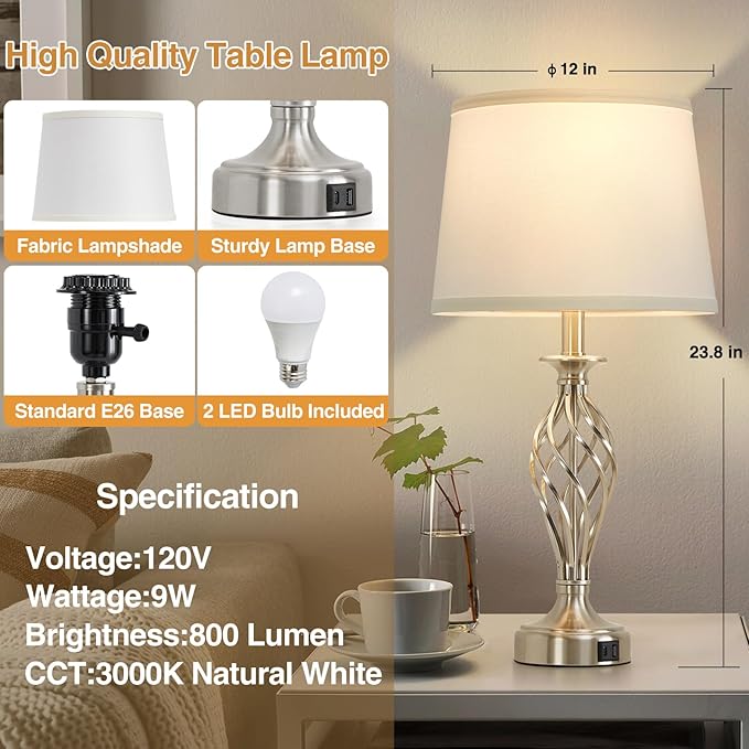 Table Lamp for Bedroom Set of 2 with USB C+A Ports, Modern Bedside Lamps with Spiral Cage Base, White Fabric Shade, Nightstand Lamp for Living Room Reading Bed Side End Table, 2 LED Bulbs Included - Bloomnest