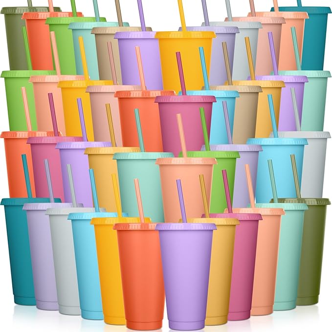 Honeydak 60 Pack Tumbler with Straw and Lid Bulk Water Bottle Iced Coffee Travel Mug Cup Reusable Plastic Cups for Party Birthdays 24-27 oz (Fresh Color) - Bloomnest
