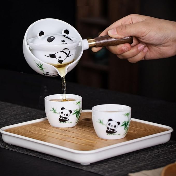 Ceramic Portable Travel Tea Set, Chinese Kungfu Tea Set with 360 Rotation Teapot and Infuser, 4 Tea Cups, Tea Tray And Travel Bag (Panda)