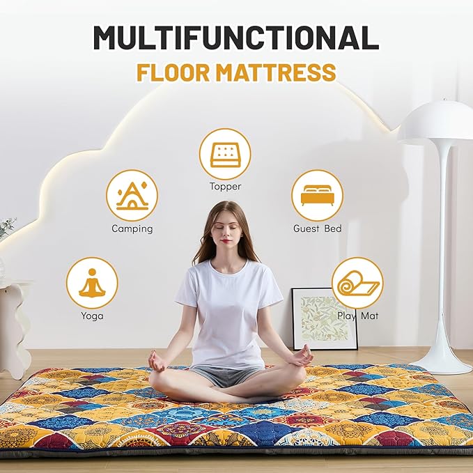 Japanese Floor Mattress Twin, Anti-Slip Japanese Futon Foldable Tatami Mat for Guests, Boho Orange Checkered - Bloomnest
