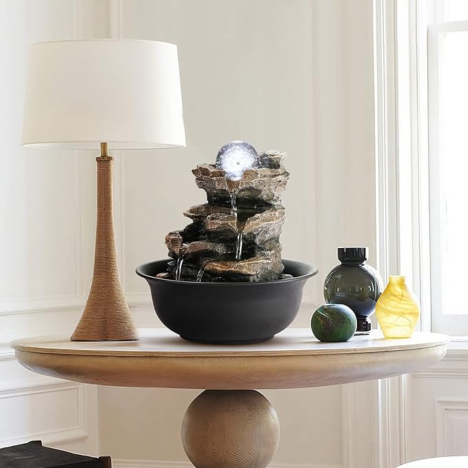 WICHEMI Indoor Fountains Tabletop Fountain Waterfall Fountain Indoor Water Feature Stacked Rocks Feng Shui Zen Meditation Relaxation Desktop Fountain with LED Light for Home and Office Decor(Style 5)