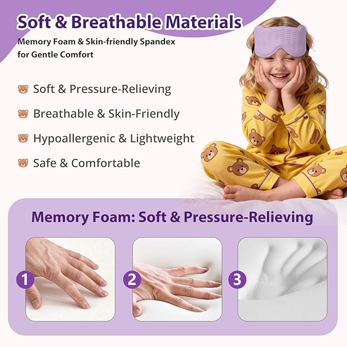 Kids Sleep Mask, 3D Sleeping Eye Mask for Kids with Adjustable Elastic Strap, Bear Shape Eye Cover with Memory Foam, Soft & Light-Blocking, Gift for Boys Girls Teens Age 5–15 (Purple) - Bloomnest