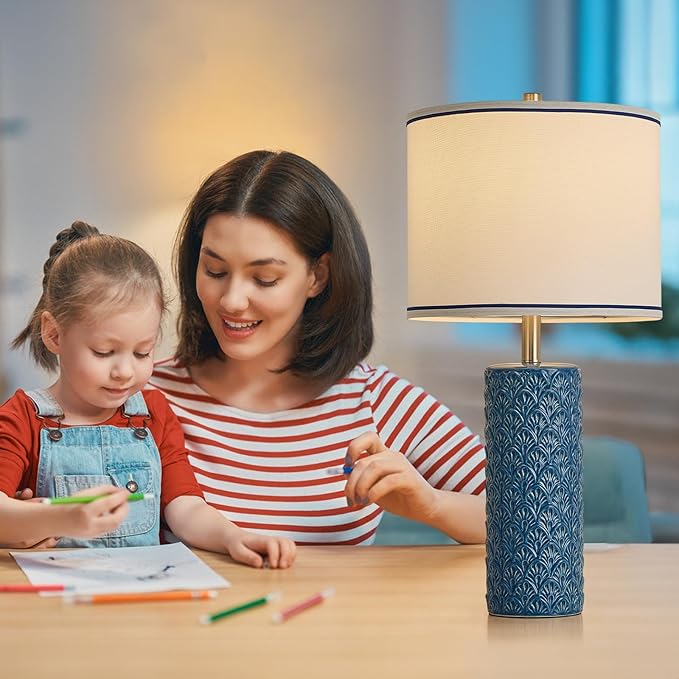 27" Farmhouse Bedside Table Lamp Set of 2, Bule Modern Ceramic Lamps for Living Room, 3 Color Temperature Rustic Table Lamps for Bedroom, Night Stands, Dorm,Office, Home Décor (Bulb Included) - Bloomnest