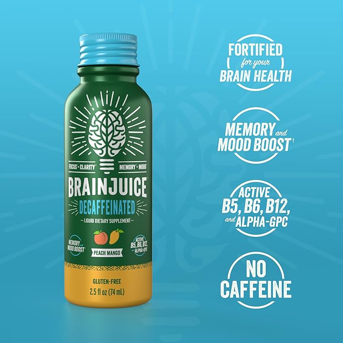 BrainJuice Decaf Brain Support Shot, Gluten Free Supplement Shots for Energy & Focus, Healthy Drinks with Alpha GPC, Vitamin B & Decaffeinated Green Tea Leaf, Peach Mango, 2.5 fl oz, 12 Pack - Bloomnest