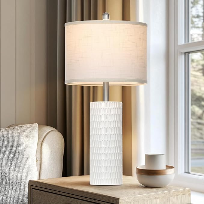 27" Ceramic Table Lamp, Farmhouse Table Lamp for Living Room, White Lamp for Bedroom, Night Stand, Modern Bedside Lamp Set of 2, End Table Lamps, White(2 Bulbs Included) - Bloomnest