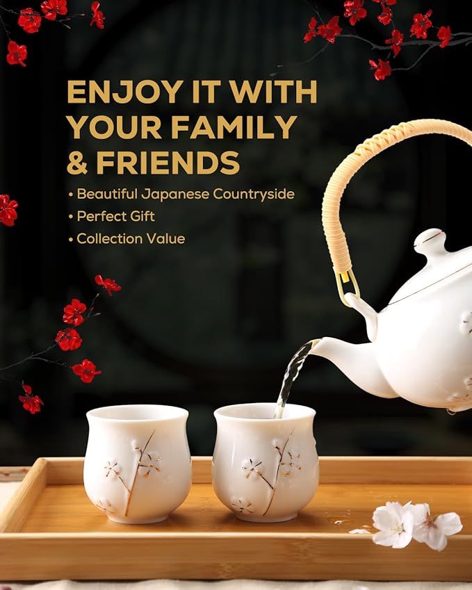 Dujust Japanese Tea Set, White Porcelain Tea Set with 1 Teapot Set, 6 Tea Cups, 1 Tea Tray, 1 Stainless Infuser, Cute Asian Tea Sets for Adults/Tea Lover/Women/Men (Plum in Golden) - Bloomnest