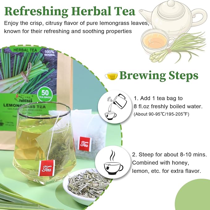 Fullchea - Lemongrass Tea Bags, 50 Teabags - Refreshing Herbal Tea Made from Pure Lemongrass Leaves - Non-GMO - Caffeine-Free - Perfect for Relaxation and Wellness - Bloomnest