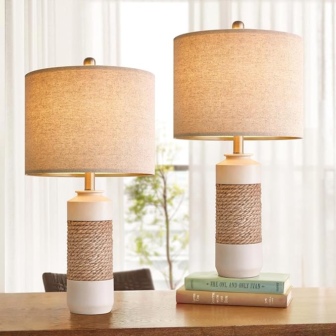 OYEARS 23.75" Bedside Table Lamps Set of 2 for Sleeping and Reading, Vintage Farmhouse Rattan Table Lamp Antique White Resin Lamp for Decoration, Office Living Room Bedside Table - Bloomnest