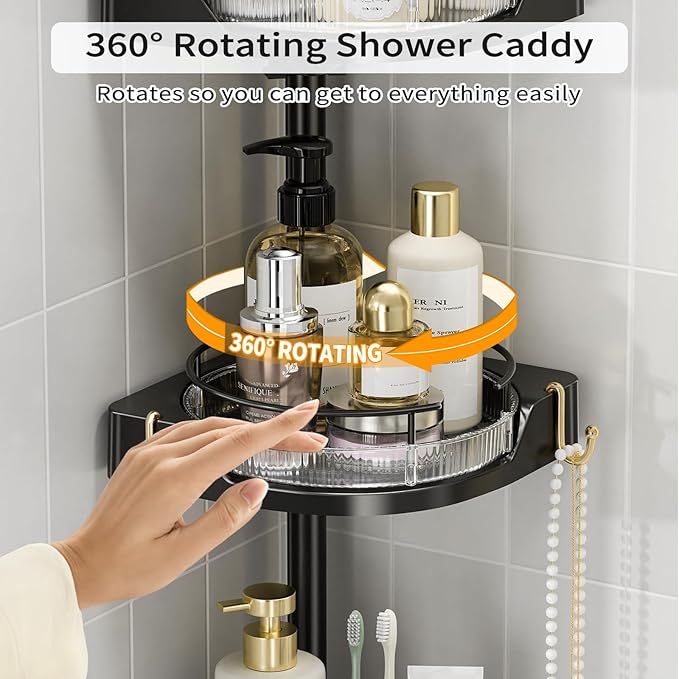 360° Rotating Corner Shower Caddy Tension Pole Organizer - 4-Tier Adjustable Rustproof Metal Pole, Plastic Shelves with Safety Guardrail, Bathroom Storage for Shower & Bathtub(Black) - Bloomnest
