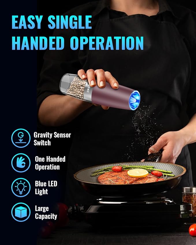 XinXu Gravity Electric Pepper Grinder, Salt or Pepper Mills & Adjustable Coarseness, with LED Light, One Hand Automatic Operation -Set/RoseRed - Bloomnest