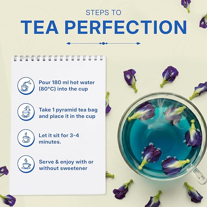 Tealeaf & Co. Butterfly Pea Herbal Tea Bags Blended with Fresh Herbs - Herbal Tea with Butterfly Pea Flower - Contains Low Caffeine - Gluten Free - 50Teabags (3.52oz/100gm) - Bloomnest