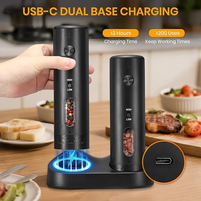 Rechargeable Salt Grinder Set Top-Refill Electric Grinders with Variable Grinding Speed, External Adjustable Coarseness, Black - Bloomnest