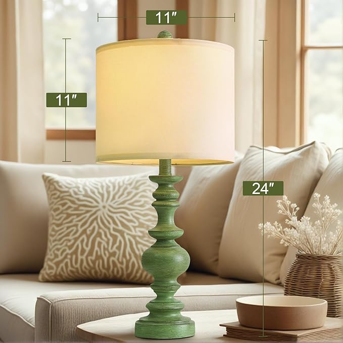 BOBOMOMO 24" Farmhouse Table Lamps Set of 2 – Sage Green Bedside Lamps with Linen Shades, Medium Traditional Lamps for Living Room, Bedroom, and Entryway, Vintage Lamp with Soft Natural Serenity - Bloomnest