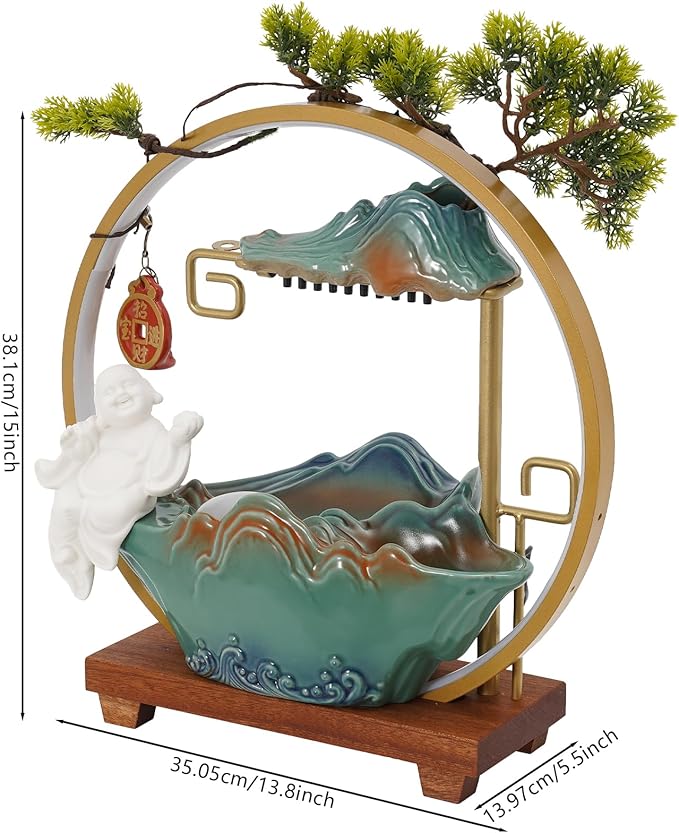 Tabletop Water Fountains, Indoor Water Fall with LED Light Zen Decor for Meditation with Mist, Japanese Decor with Fake Plants Feng Shui Decor for Good Luck Wealth - Bloomnest