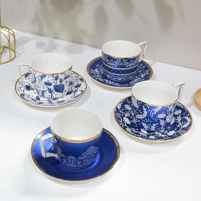 ACMLIFE Bone China Tea Cups and Saucers Set of 4, 6.8 oz Blue and White Tea Cups Set of 4, with Gold Trim and Gift Box (Blue-4) - Bloomnest