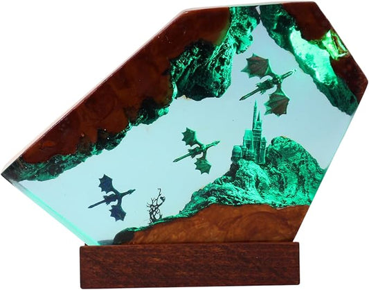 Handcrafted Ocean Scene Night Light, LED Resin Art Lamp with Sea Turtles and Divers, Decorative Table Lamp, Wooden Base (Dragons) - Bloomnest
