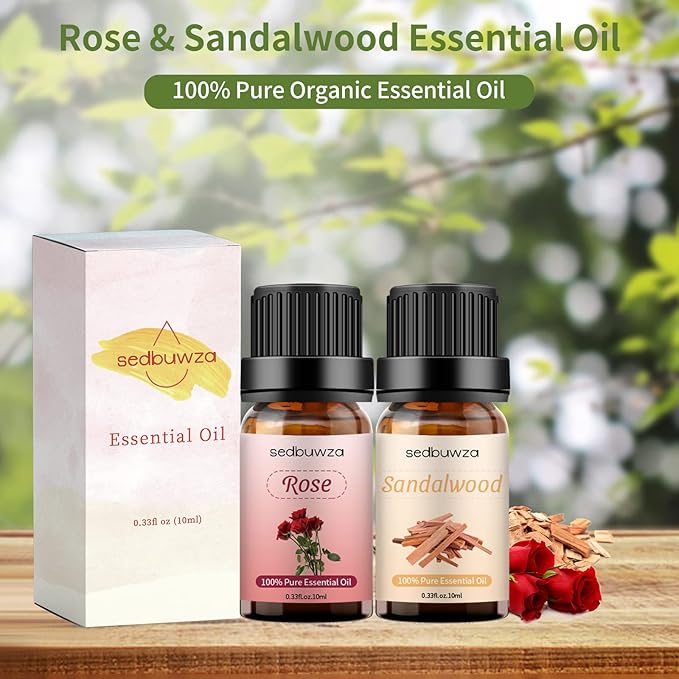 Sedbuwza Rose Sandalwood Essential Oil Set, Rose Fragrance Oil Sandalwood Scent Oil Set for Diffuser, Aromatherapy, Massage, Soap, Candle Making 2 x 10 ml Sedbuwza