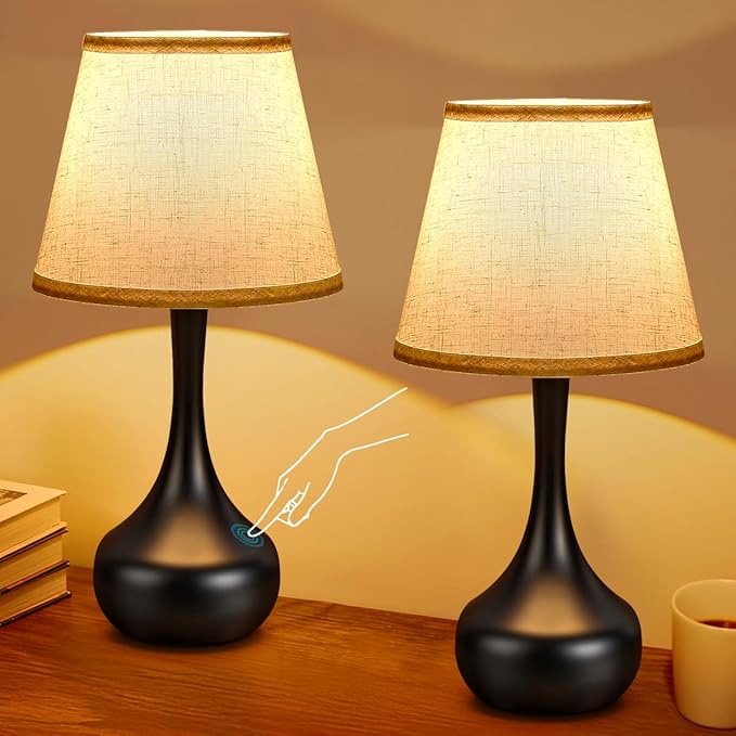 Touch Table Lamp for Bedroom Set of 2, Farmhouse 3-Way Dimmable Table Lamps for Nightstand with Fabric Shade, Lamps for Living Room，Desk Lamps for Home Office, Black Lamp for Bedroom - Bloomnest