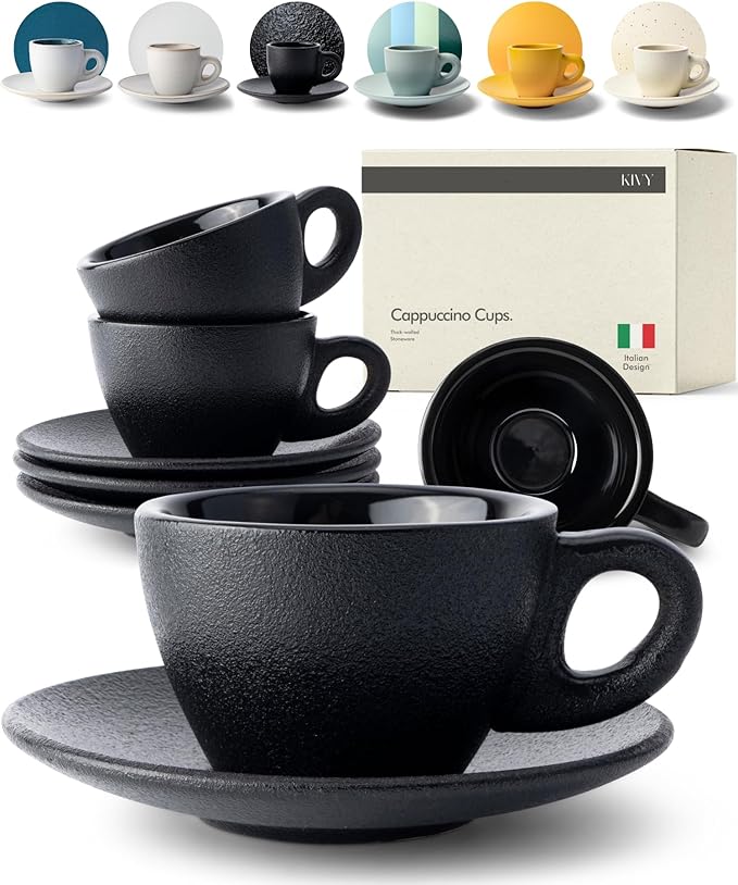 KIVY Cappuccino cups set of 4 [8oz] - Thick-walled stoneware cappuccino cup set for latte art - Latte mugs - Latte cups - Latte mug - Coffee cup black - Ceramic latte cup and saucer - Bloomnest