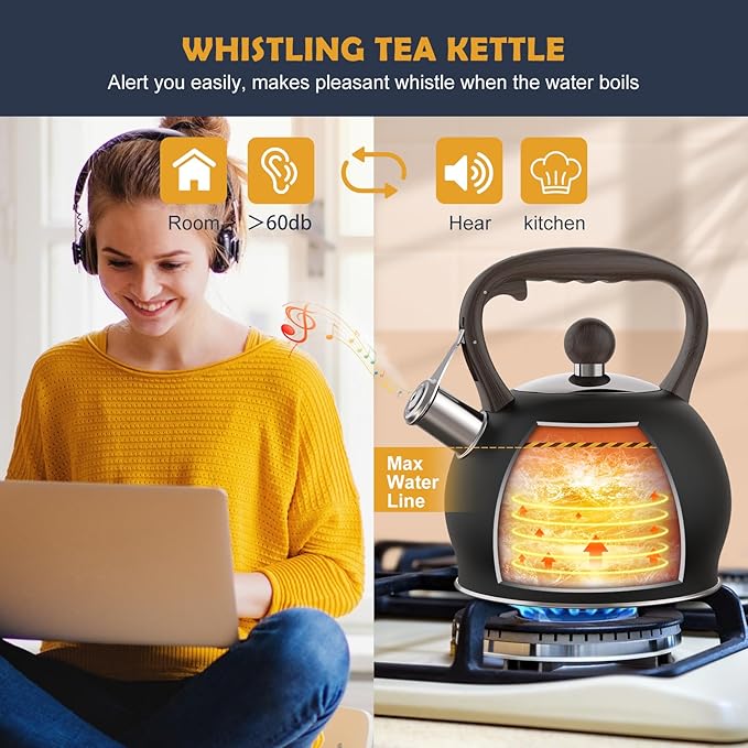 Tea Kettle Whistling Teapot for Stovetop : 2.64 Quart Food Grade Stainless Steel Tea Pot with Ergonomic Handle, Loud Whistle Camping Kettle for Tea, Coffee, Milk - Black - Bloomnest
