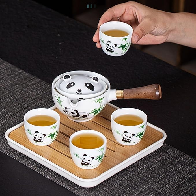 Ceramic Portable Travel Tea Set, Chinese Kungfu Tea Set with 360 Rotation Teapot and Infuser, 4 Tea Cups, Tea Tray And Travel Bag (Panda)
