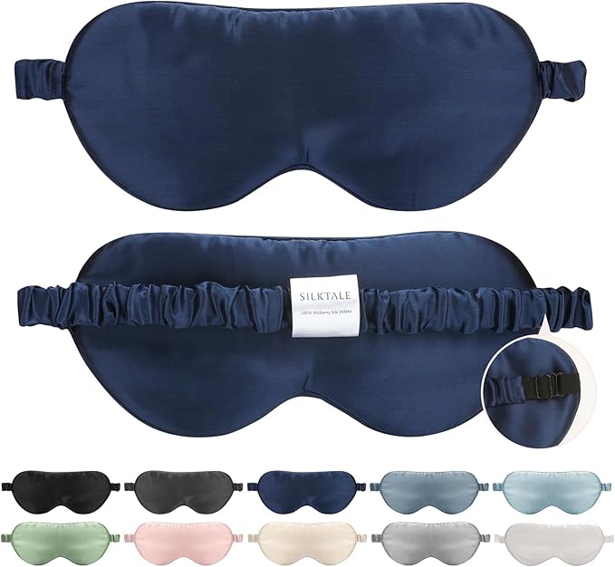 Mulberry Silk Blackout Adjustable Sleep Eye Mask for Men/Women Travel Plane,Navy Blue - Bloomnest