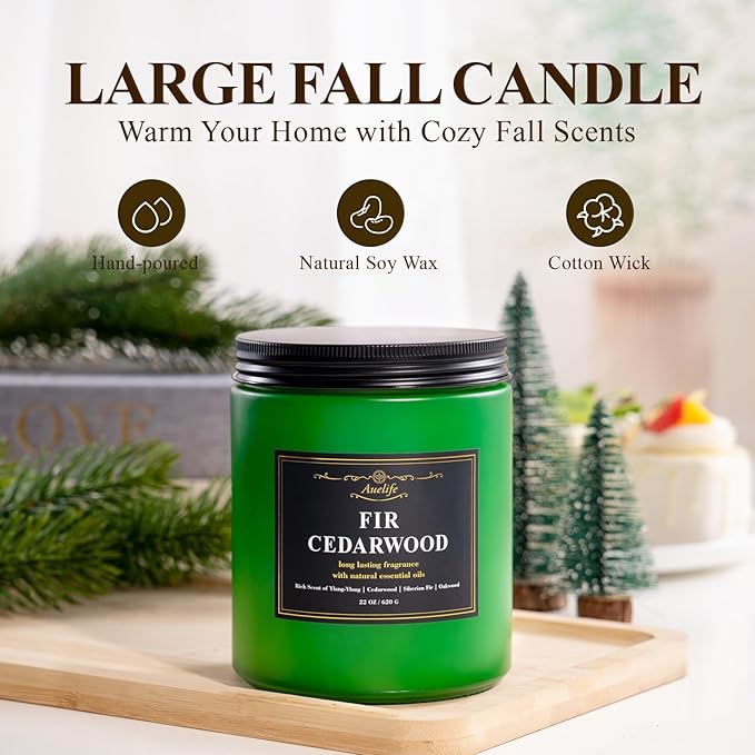 Auelife Winter Candles, Fir & Cedarwood Scented Candle – 22oz Large 3-Wick Soy Candles, Long Lasting Aromatherapy, Woodsy Christmas Candle, Holiday Gift for Women & Men - Bloomnest