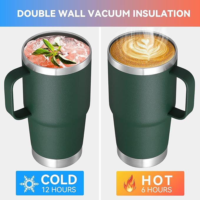 VEGOND 20 oz Tumbler Bulk with Handle Lid and Straw, Stainless Steel Insulated Travel Coffee Mug Set, Spill Proof Double Wall Metal Tumblers Cups, Dark Green 6 Pack - Bloomnest