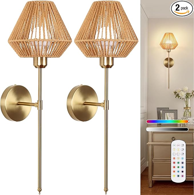 Battery Operated Wall Sconce Set of 2, Rattan Rechargeable Wall Light Dimmable with Remote Control, 15 Color Changing and Timer, Boho Wireless Battery Operated Wall lamps for Bedroom, living room - Bloomnest