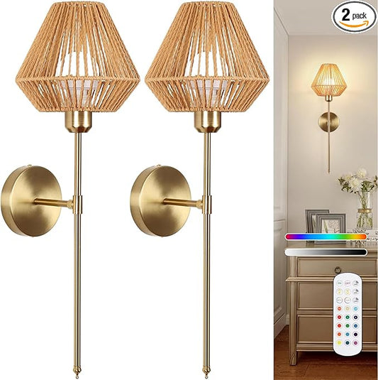 Battery Operated Wall Sconce Set of 2, Rattan Rechargeable Wall Light Dimmable with Remote Control, 15 Color Changing and Timer, Boho Wireless Battery Operated Wall lamps for Bedroom, living room - Bloomnest