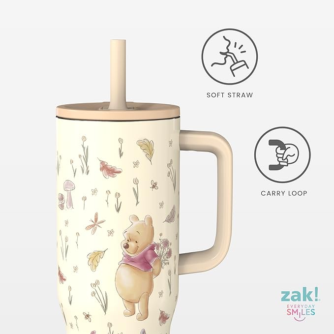 Zak Designs Disney Winnie the Pooh Sutton Travel Tumbler for On the Go, 30oz Stainless Steel with Vacuum Insulation, Silicone Straw, and Carry Handle for Cold Drinks (Pooh and Friends) - Bloomnest