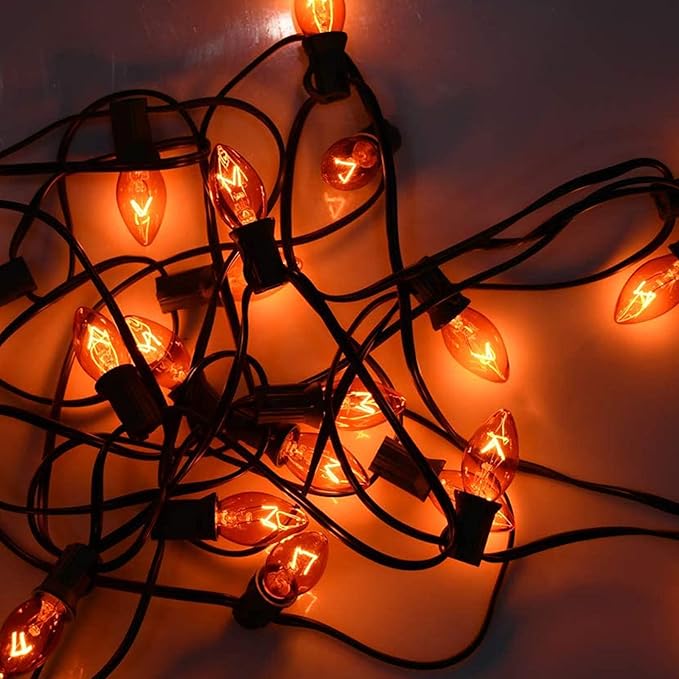 SUNSGNE 25 Pack C7 Orange Light Bulbs Halloween Christmas Replacement Bulbs, C7 Clear Orange Incandescent Light Bulbs for Outdoor Patio Xmas String Lights, E12/C7 Candelabra Base, 5 Watts - Bloomnest