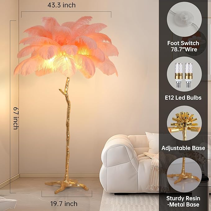 MAYOLA Luxury Resin Ostrich Feather Lamp, 35 Pieces Real Ostrich Feathers,Floor Light for Living Room, Bedroom and Office 67” Tall Feather Lamp(Pink, Floor Lamp) - Bloomnest