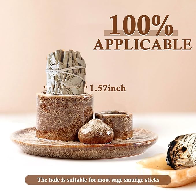 4 in 1 Ceramic Incense Holder, Palo Santo Stick Holder, Sage Holder for Burning, 5.2" Ash Catcher Tray for Meditation, Yoga & Home Decor (Brown)