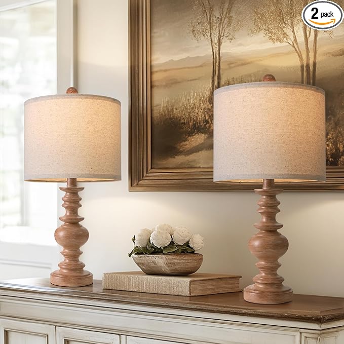 BOBOMOMO 20" Rustic Bedside Lamps Set of 2- Vintage Resin Table Lamps for Nightstands with Linen Shades, Farmhouse Lamps for Living Room, Bedroom, and Hallway (Light Brown) - Ideal for Compact Spaces - Bloomnest