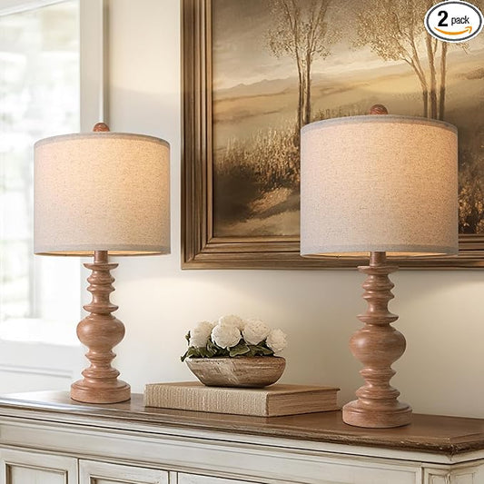 BOBOMOMO 20" Rustic Bedside Lamps Set of 2- Vintage Resin Table Lamps for Nightstands with Linen Shades, Farmhouse Lamps for Living Room, Bedroom, and Hallway (Light Brown) - Ideal for Compact Spaces - Bloomnest
