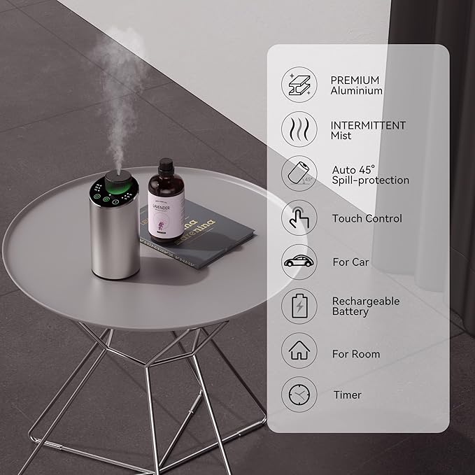 Waterless Essential Oil Diffuser Scent Aromatherapy Diffusers for Home Large Room, Car, Office, Portable Battery Operated Cordless Air Freshener, 4 Timers & 3 Mist Levels, 100ml Capacity (Silver) - Bloomnest