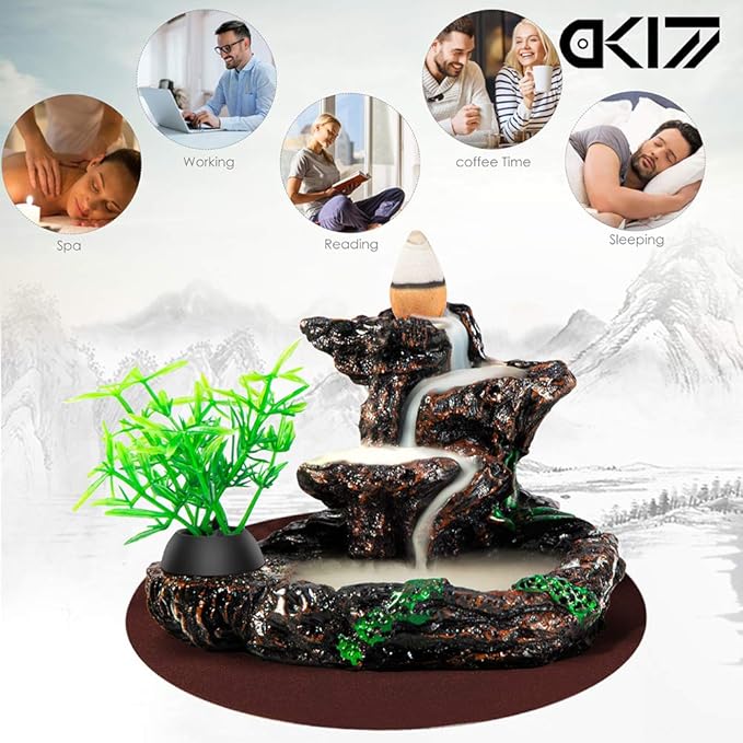 DK177 Incense Holder Waterfall Incense Burner Ceramic Backflow Zen Incense Fountain Machine Diffuser Burner Cone Holder for Spiritual Aromatherapy Gifts Set Home Decor with 20 Cones