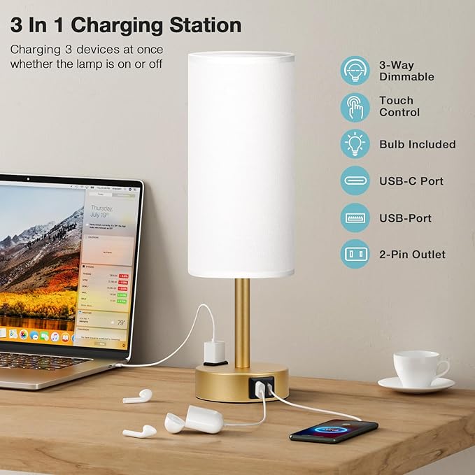 Fenmzee Gold Touch Lamp for Bedroom- 3 Way Dimmable Bedside Lamp USB C A Charging Ports and AC Outlet, Small Table Lamp White Linen Lampshade for Gift, LED Bulb Included - Bloomnest
