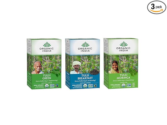 Organic India Energizing Tulsi Herbal Tea Favorites - Breakfast, Green, Moringa - Holy Basil, Adaptogen, Vegan, USDA Certified Organic, Non-GMO - 18 Infusion Bags per Box (Pack of 3) - Bloomnest
