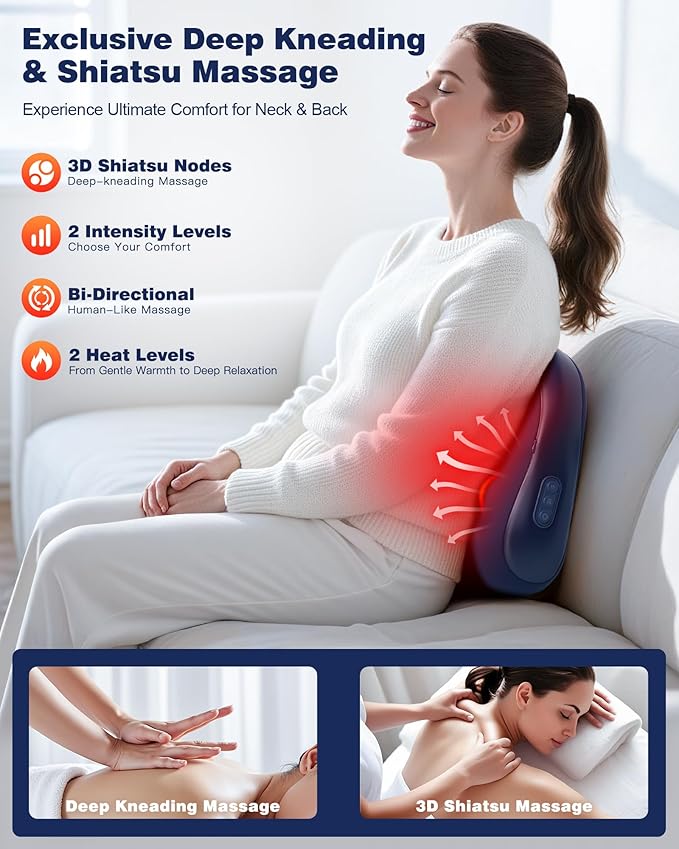 Shiatsu Back and Neck Massager with Heat – Deep Kneading Massage Pillow for Relaxation – Corded Design for Full Body Use - Bloomnest