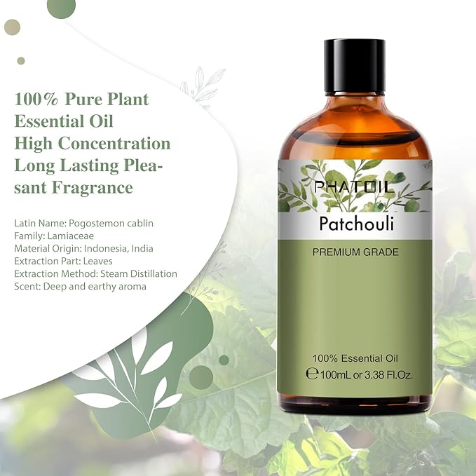 Patchouli 3.38fl.oz Essential Oil, PHATOIL Pure Aromatherapy Oils for Diffuser, Humidifier, Perfect for DIY Soap, Candle, Bath Bombs Making(100ml) PHATOIL