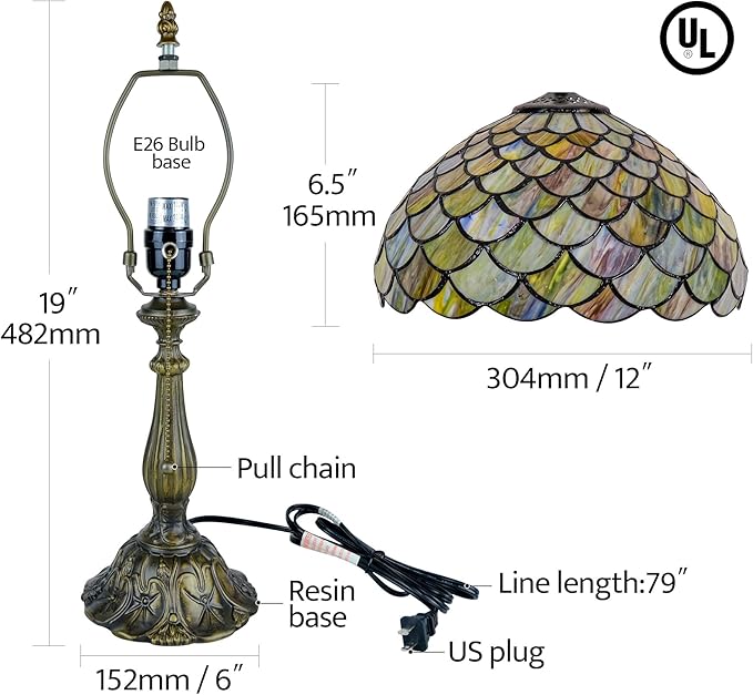 Tiffany Style Table Lamp Vintage Stained Glass Desk Lamp Mable Gradient Green Fish Scales Bedside Reading Light Decor Bedroom Living Room Home Office D12 xH18 (Green Fish Scales) - Bloomnest
