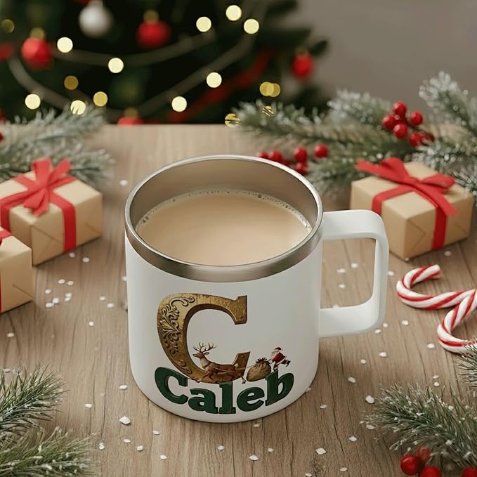 Personalized Christmas Insulated Coffee Mug with Handle, Custom Initial Name, Reindeer Santa Design, Stainless Steel Tumbler for Hot & Cold Drinks, Unique Holiday Gift for Men, Women, Kids (B126) - Bloomnest