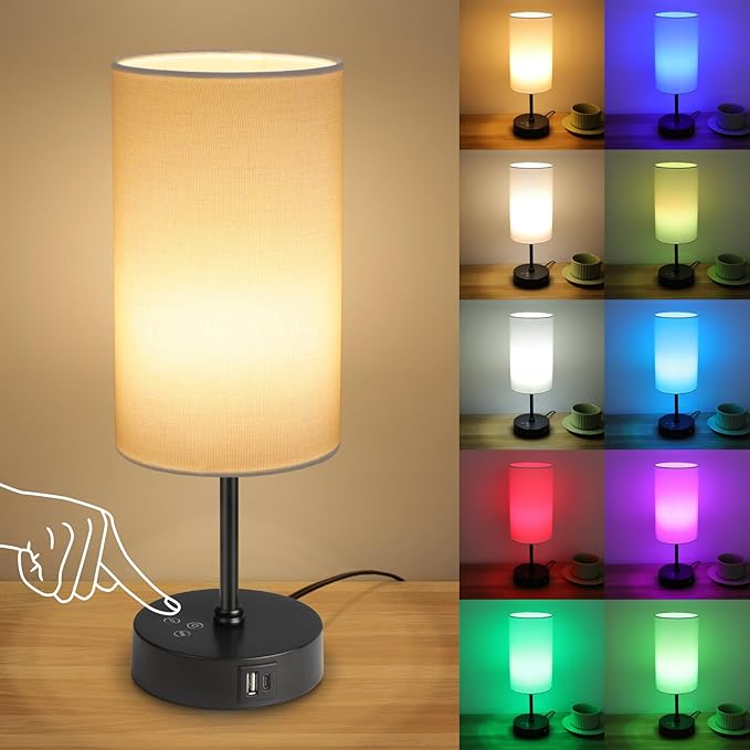 Unicozin Table Lamp,3 CCT 3000K/4500K/6500K & RGB Color Changing,Stepless Dimmable Touch Control Bedside Lamp for Reading,Ambience Nightstand Light for Home Decor Party,White Shade - Bloomnest