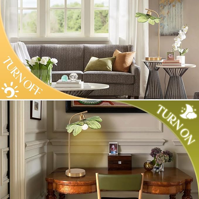 touch Table Lamp set of 2, Mid Century Modern Table lamp Gold Desk lamp tall table lamp nightstand lamp with Green Glass Flower Shade Bedside Table Lamp for end table Bedroom Living Room Office - Bloomnest