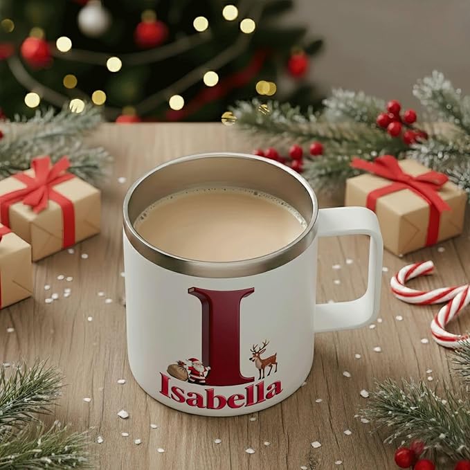 Personalized Christmas Insulated Coffee Mug with Handle – Custom Initial Letter [W] & Name [William] – [Your Brand Name] Double Wall Stainless Steel Travel Tumbler for Hot & Cold Drinks (B110) - Bloomnest