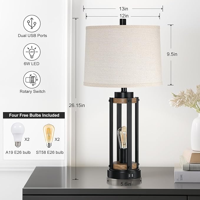 Farmhouse Table Lamps for Living Room Set of 2, 26” Rustic Beside Lamps with USB Charging Ports and Night Light, Bedroom Nightstand Lamp Vintage Reading Lamps for End Table,Bulbs Included - Bloomnest