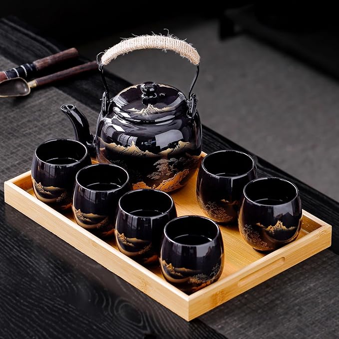 Traditional Japanese tea set, Japanese teapot set, Asian Black glazed tea set with 1 Teapot, 6 Tea cups, 1 Tea strainer, 1 Tea tray (Landscape Black) - Bloomnest